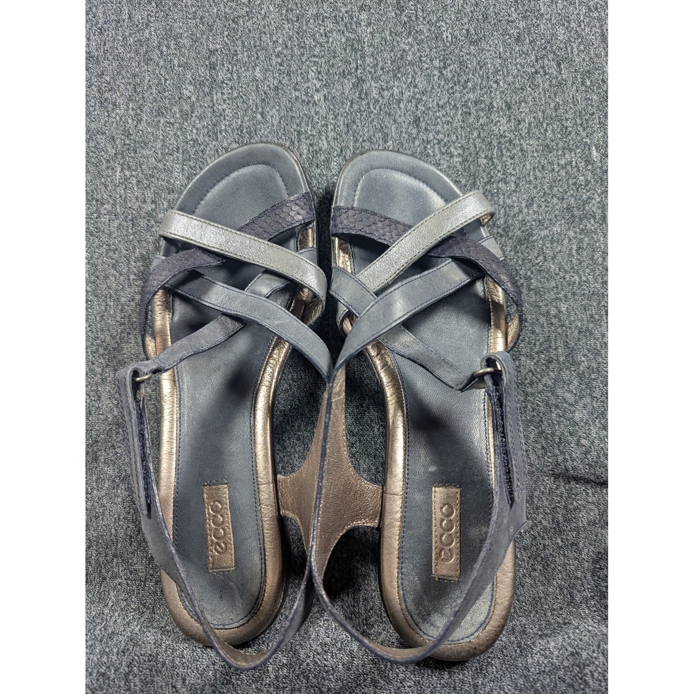 ECCO Womens Strappy Leather Sandals Navy Blue Metallic Flat 39